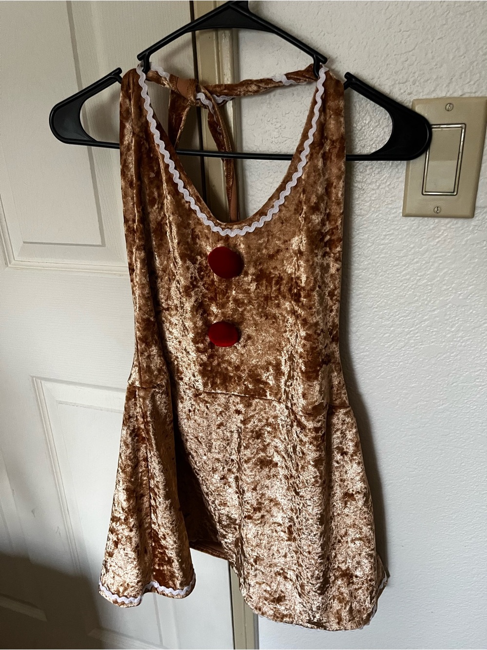 Velvet Tan Gingerbread-Inspired Halter Dress with Red Buttons